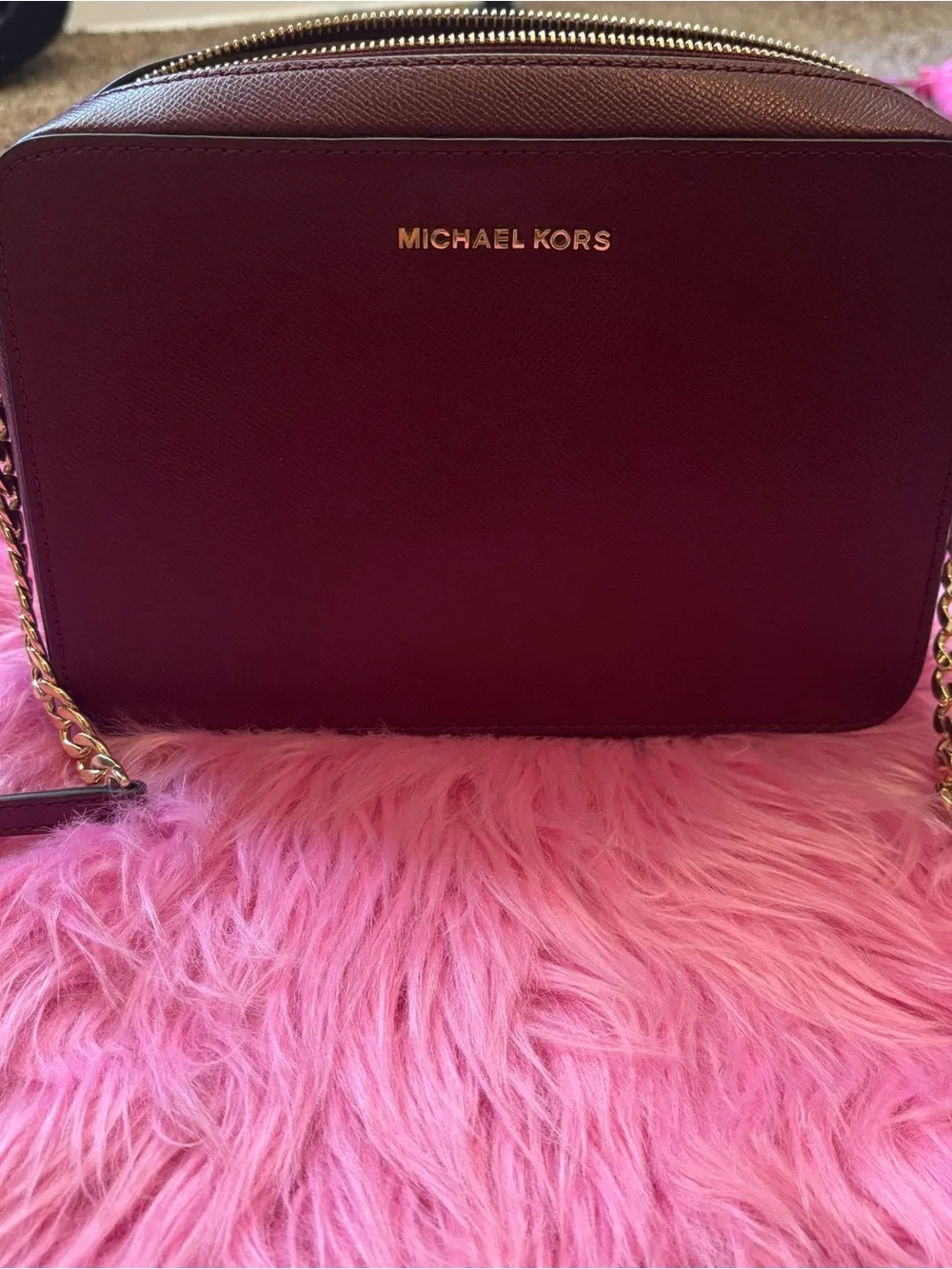 Michael Kors Jet Set Large Burgundy Saffiano Leather Crossbody Bag Gold Chain